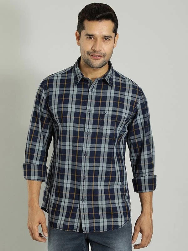 Indian Terrain Men's Slim Fit Full Sleeve Checkered Dark Blue Shirt